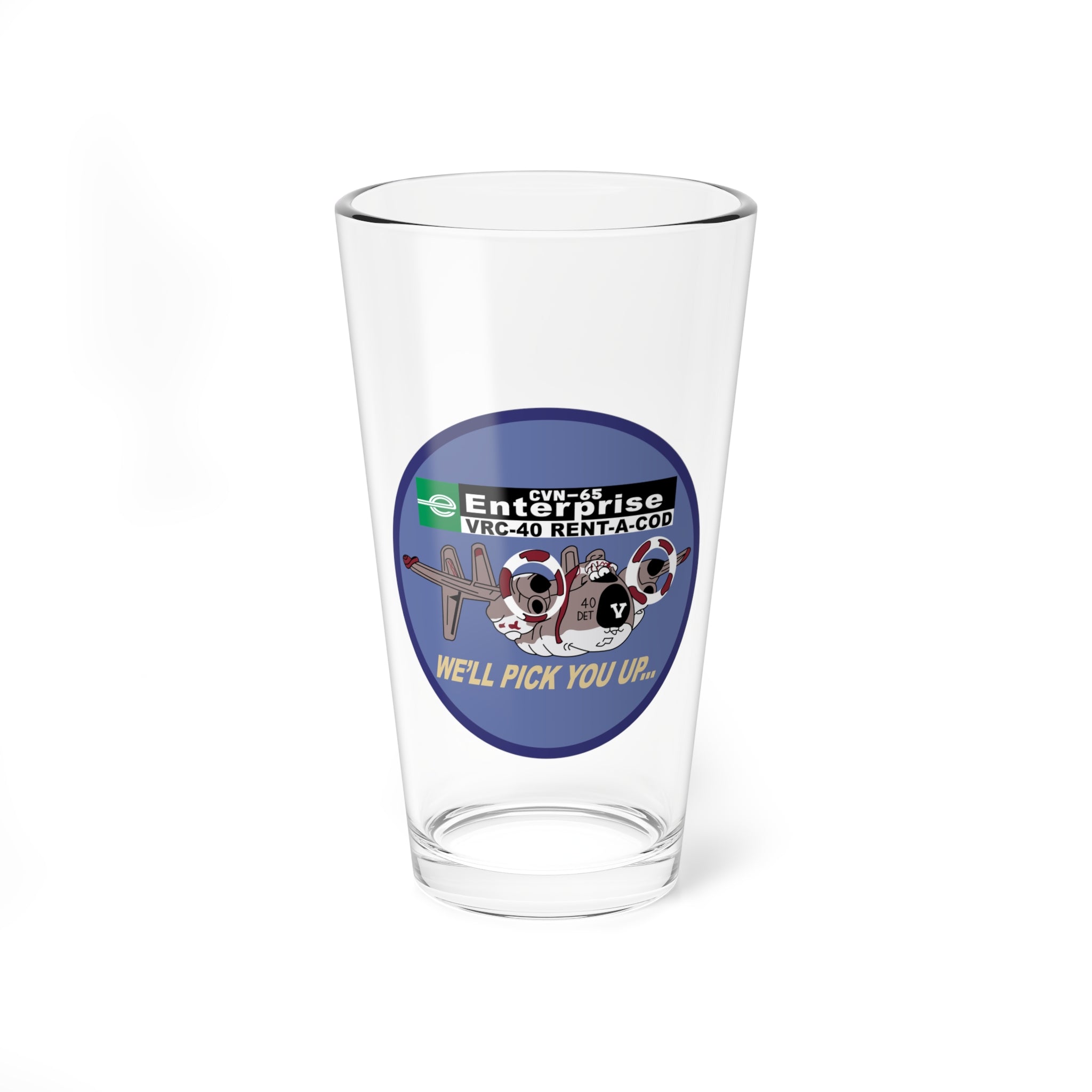 Navy VRC-40 Det 5 Patch Pint Glass, US Navy Customized Carrier Onboard Delivery flying the C-2 Greyhound - Shop Hippy's Goodness
