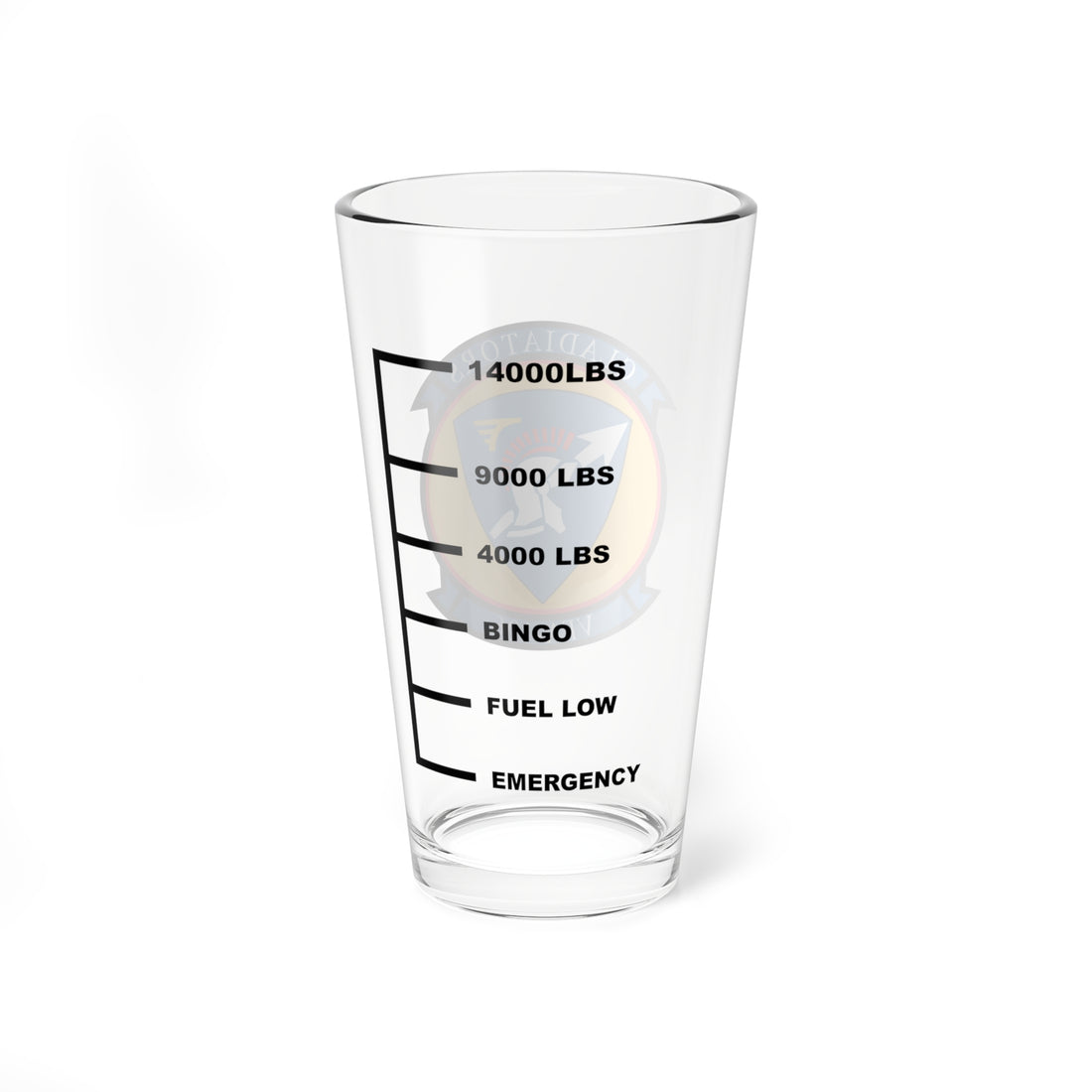 VFA-106 "Gladiators" Fuel Low Pint Glass, Navy Strike Fighter Replacement Squacdron flying the F/A/-18E/F Super Hornet